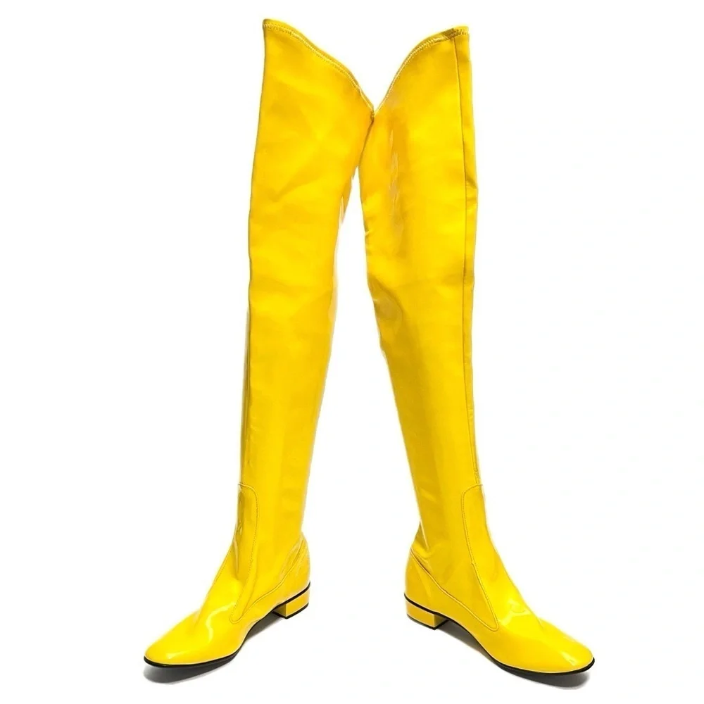 Vintage 1960s deadstock banana yellow vinyl over the knee pull on gogo boots